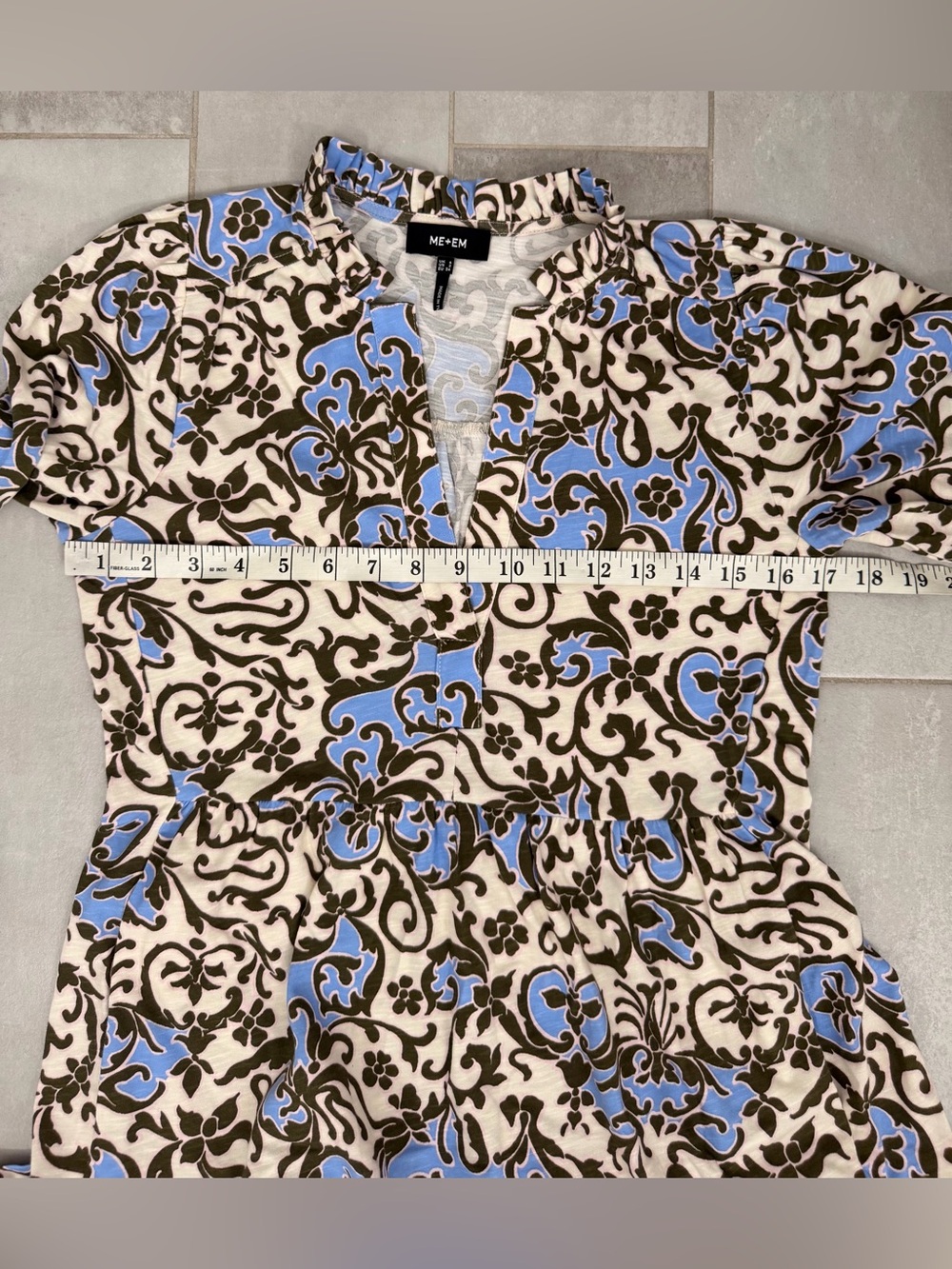 ME+EM Batik Floral Print Mini Slub Dress Cream & Blue Size 2 - Picture 11 of 11